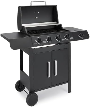 4+1 Burner Gas BBQ Grill, Outdoor Barbecue with Warming Rack, Side Burner, Storage Cabinet, Temperature Gauge, Wheels, Gas Hose & Regulator