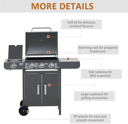 Gas BBQ Grill 3+1 Burner, Outdoor Barbecue with Wheels, Warming Rack, Side Shelves, Storage Cabinet, Temperature Gauge, 110 × 50 × 100 cm, Grey