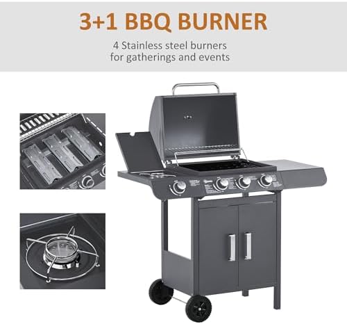 Gas BBQ Grill 3+1 Burner, Outdoor Barbecue with Wheels, Warming Rack, Side Shelves, Storage Cabinet, Temperature Gauge, 110 × 50 × 100 cm, Grey