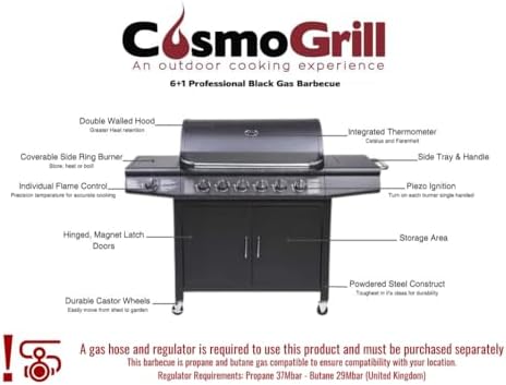 Gas BBQ Grill 7 Burner (6 Main + 1 Side Burner), Outdoor Barbecue with Steel Warming Rack, Temperature Gauge, Black