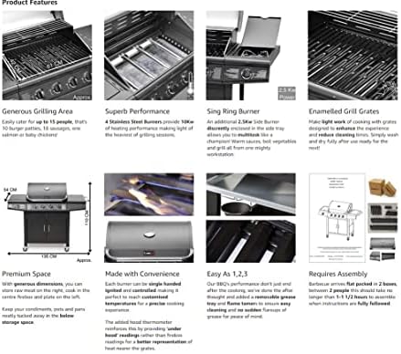 Gas BBQ Grill 5 Burner (4 Main + 1 Side Burner), Outdoor Barbecue with Steel Warming Rack, Temperature Gauge, for Garden & Outdoor Cooking