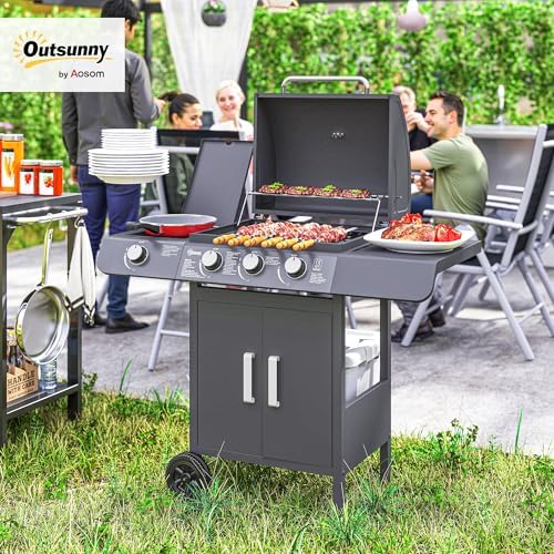 Gas BBQ Grill 3+1 Burner, Outdoor Barbecue with Wheels, Warming Rack, Side Shelves, Storage Cabinet, Temperature Gauge, 110 × 50 × 100 cm, Grey