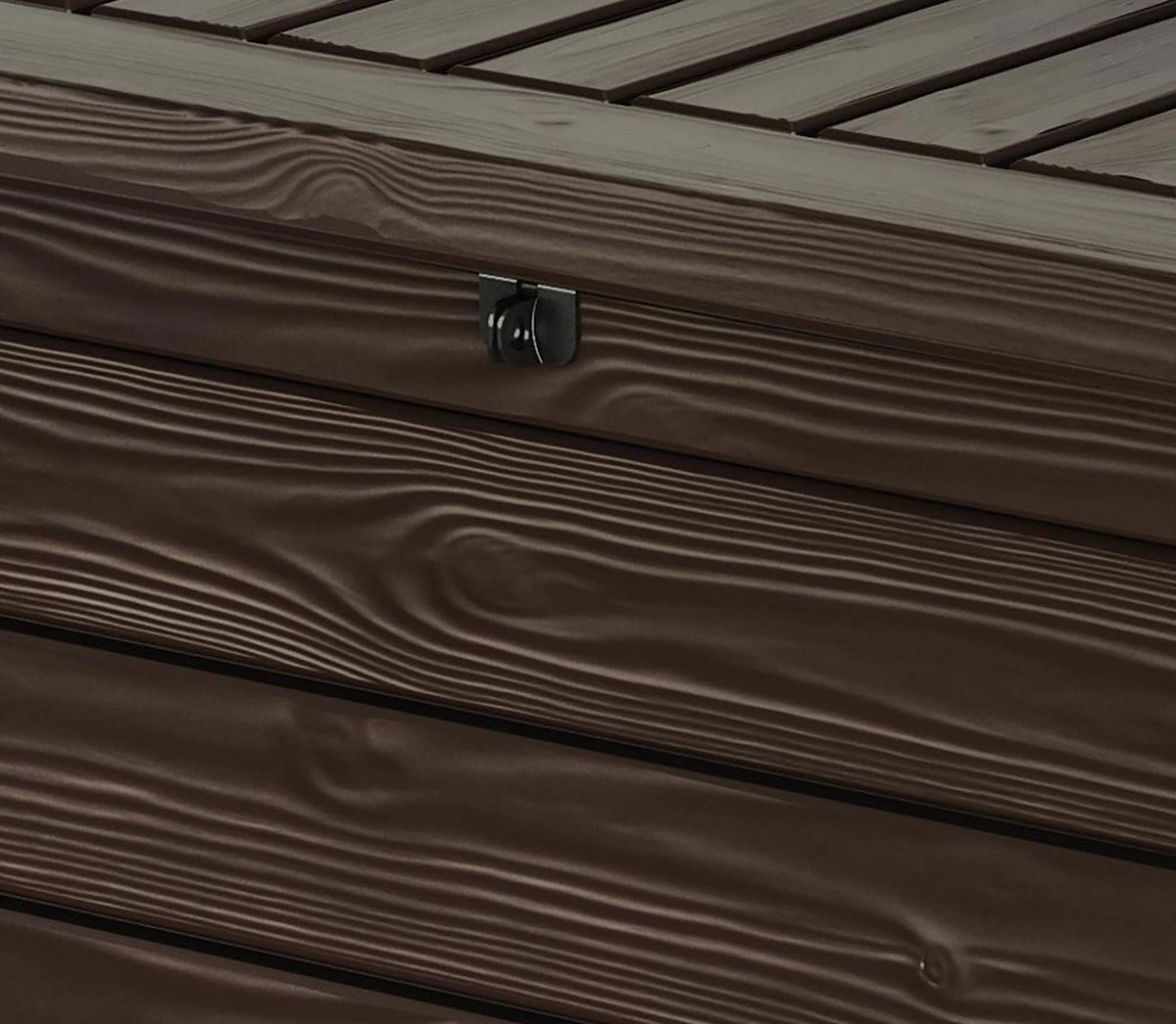 Keter Westwood 570L Outdoor 75% recycled Garden Furniture Storage Box Brown Wood Panel Effect ; Fade Free ; All Weather Resistant ; Safe and Secure ; Zero Maintenance ; 2 year Warranty