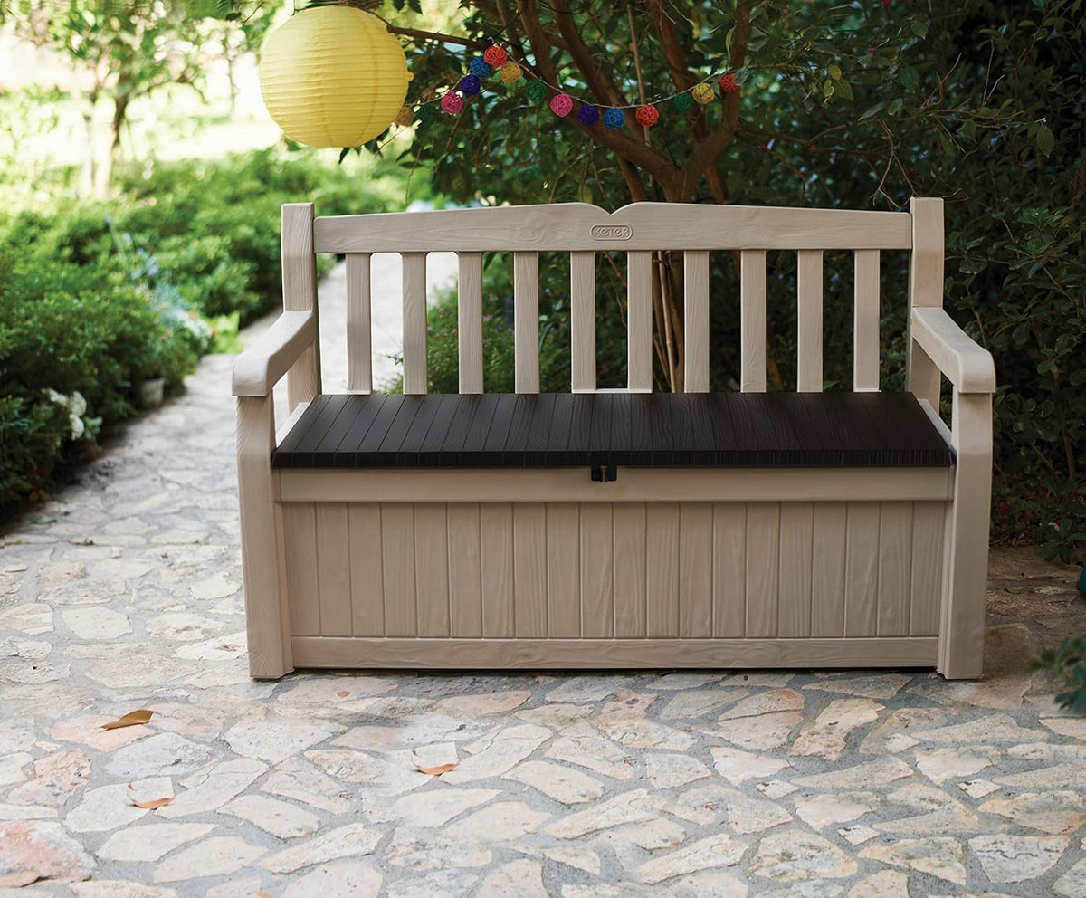 Keter Eden Bench 265L Outdoor 60% recycled Garden Furniture Storage Box Beige & Brown Wood Panel Effect | Fade Free | All Weather Resistant | Safe and Secure | Zero Maintenance | 2 year Warranty