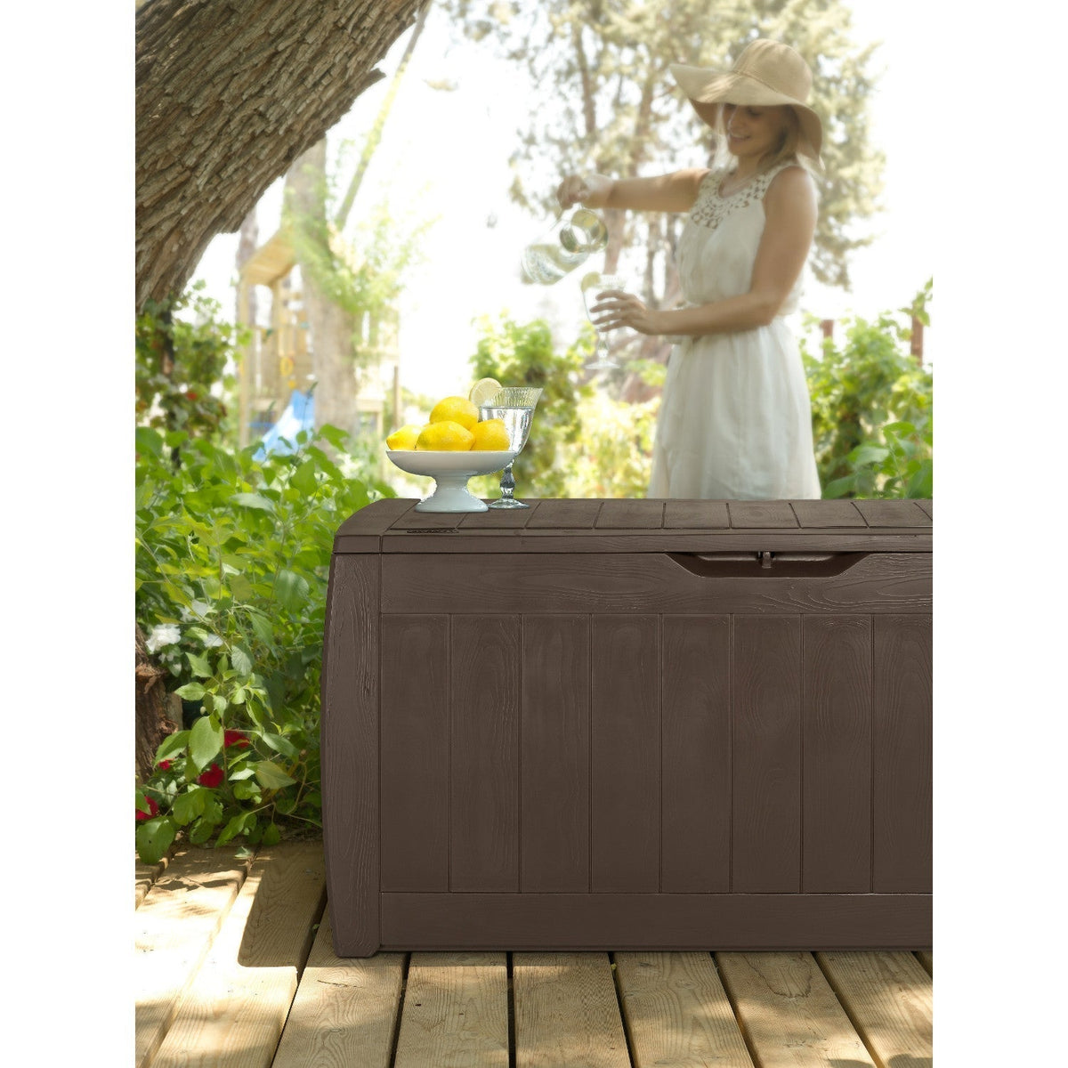 Keter 223949 270L Keter Garden Storage Deck Box Hollywood Outdoor Plastic Wood Design Sturdy Weatherproof Brown