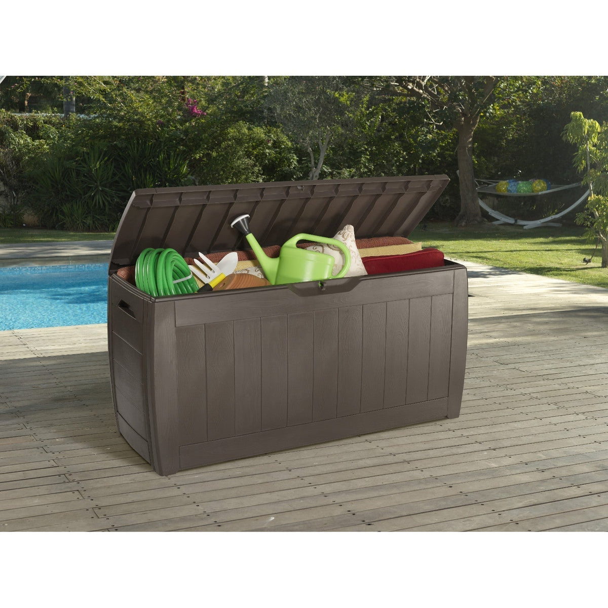 Keter 223949 270L Keter Garden Storage Deck Box Hollywood Outdoor Plastic Wood Design Sturdy Weatherproof Brown