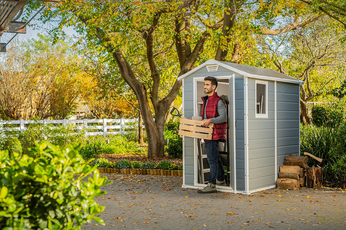 Keter Manor Outdoor Plastic Garden Storage Shed, Grey, 6 x 4 ft